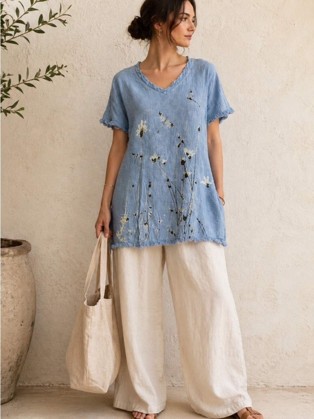 Blue Cotton Lagenlook Tunic L Botanical Print Oversized Boho Art Relaxed M-XL